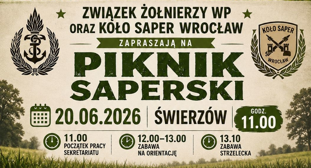 Plakat zaprasza na Piknik Saperski, 20 czerwca 2026 r., na godz. 11:00.